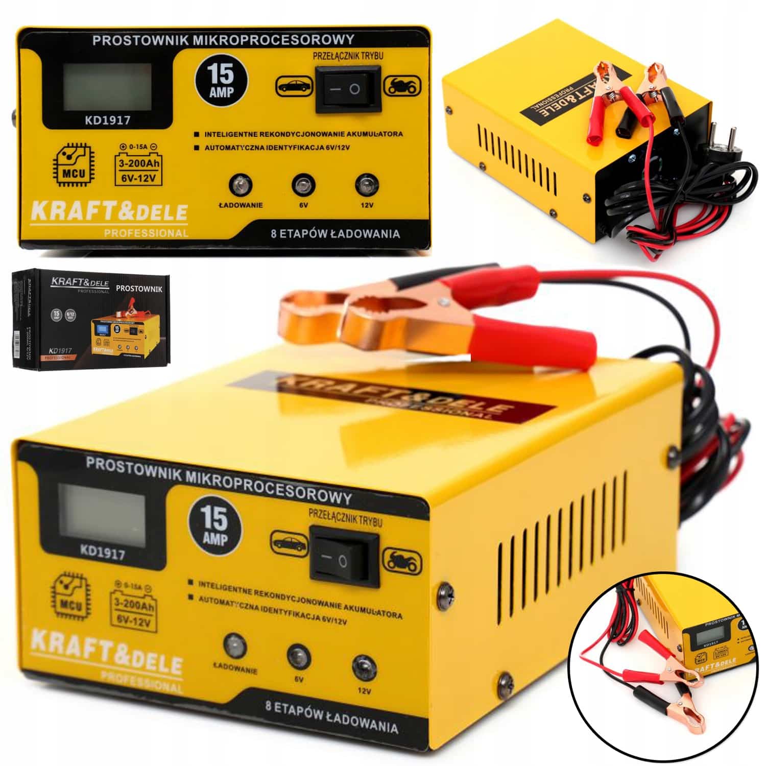 Akumuliatoriaus įkroviklis su mikroprocesoriumi 15A 6/12V - KraftDele KD1917